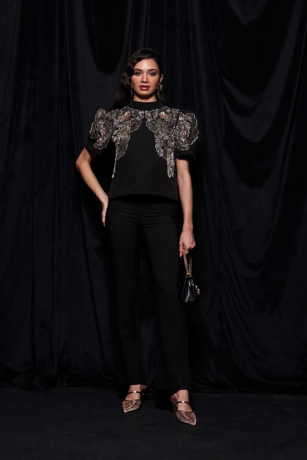 LEILA BLACK COLOR PARTY CO-ORDINATE WITH SILVER GOLD BEADS HAND EMBROIDERED BOX SLEEVES TOP AND PLAIN PANTS