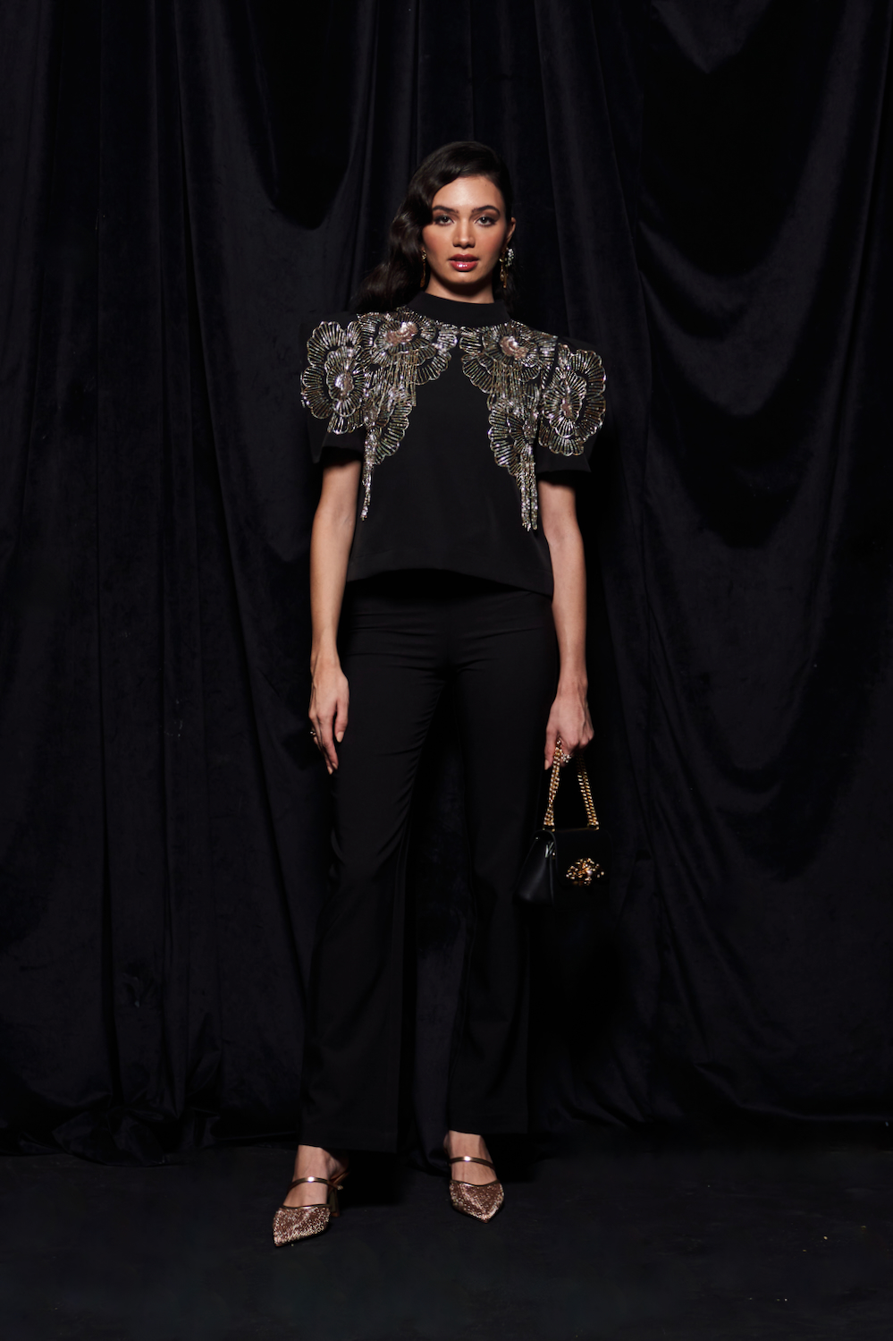LEILA BLACK COLOR BOX SLEEVES PARTY TOP WITH GOLD AND SILVER GLASS BEADS HAND EMBROIDERY WORK