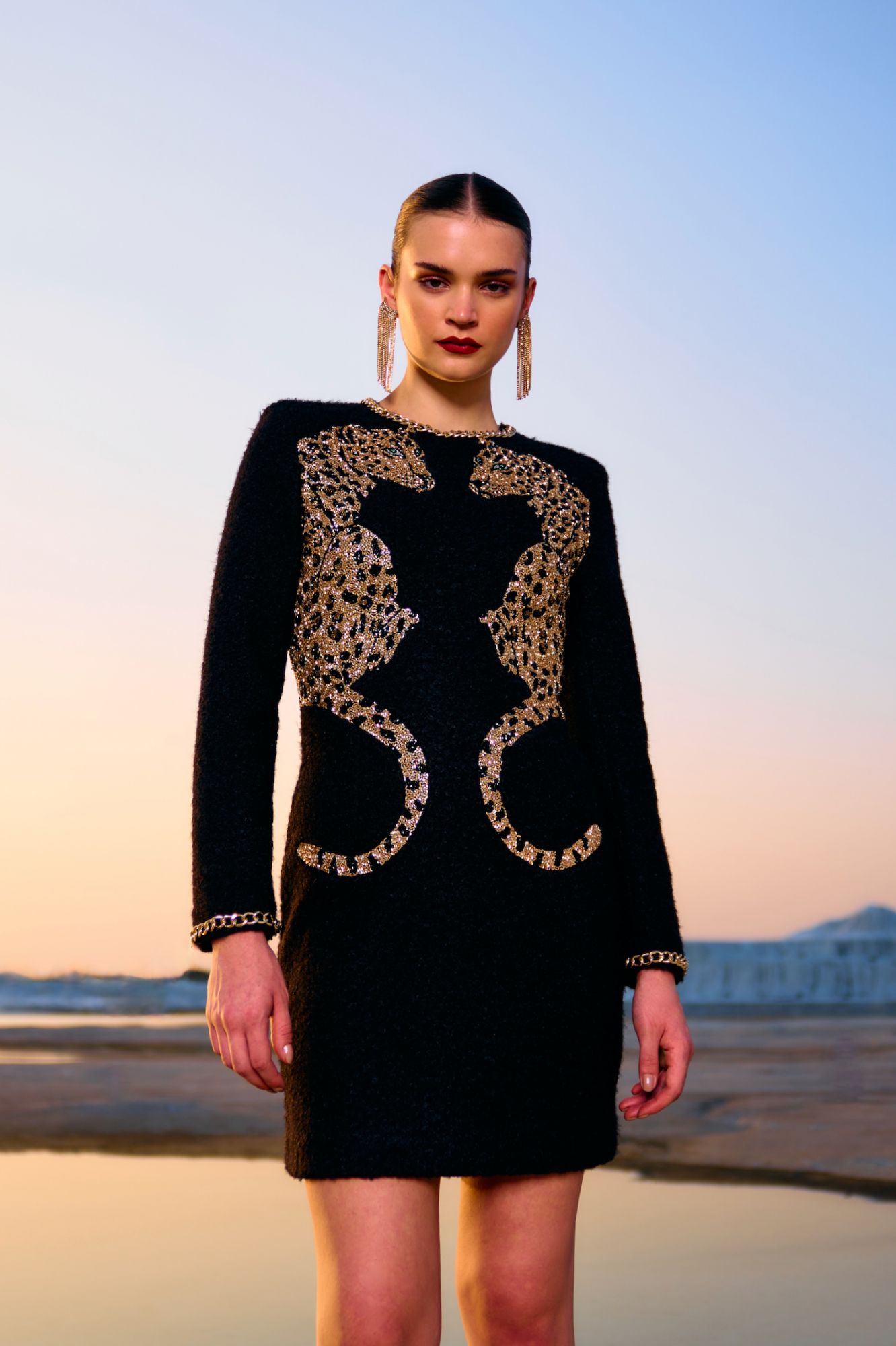 MATERIAL GIRL 02 JADE BLACK SHERPA FABRIC WINTER STATEMENT DRESS WITH GOLD LEOPARD EMBROIDERY AND METAL CHAIN AROUND