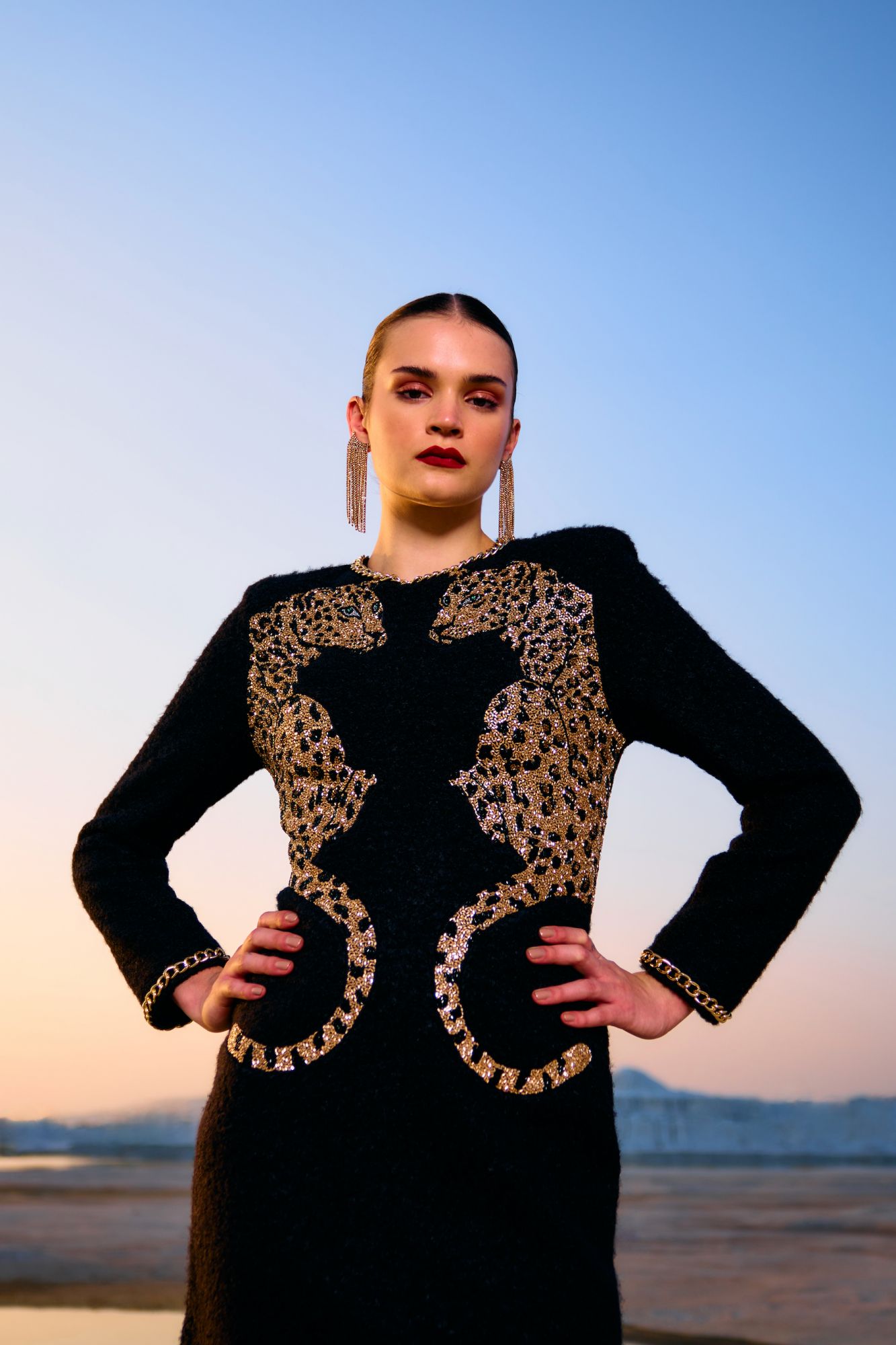 MATERIAL GIRL 02 JADE BLACK SHERPA FABRIC WINTER STATEMENT DRESS WITH GOLD LEOPARD EMBROIDERY AND METAL CHAIN AROUND