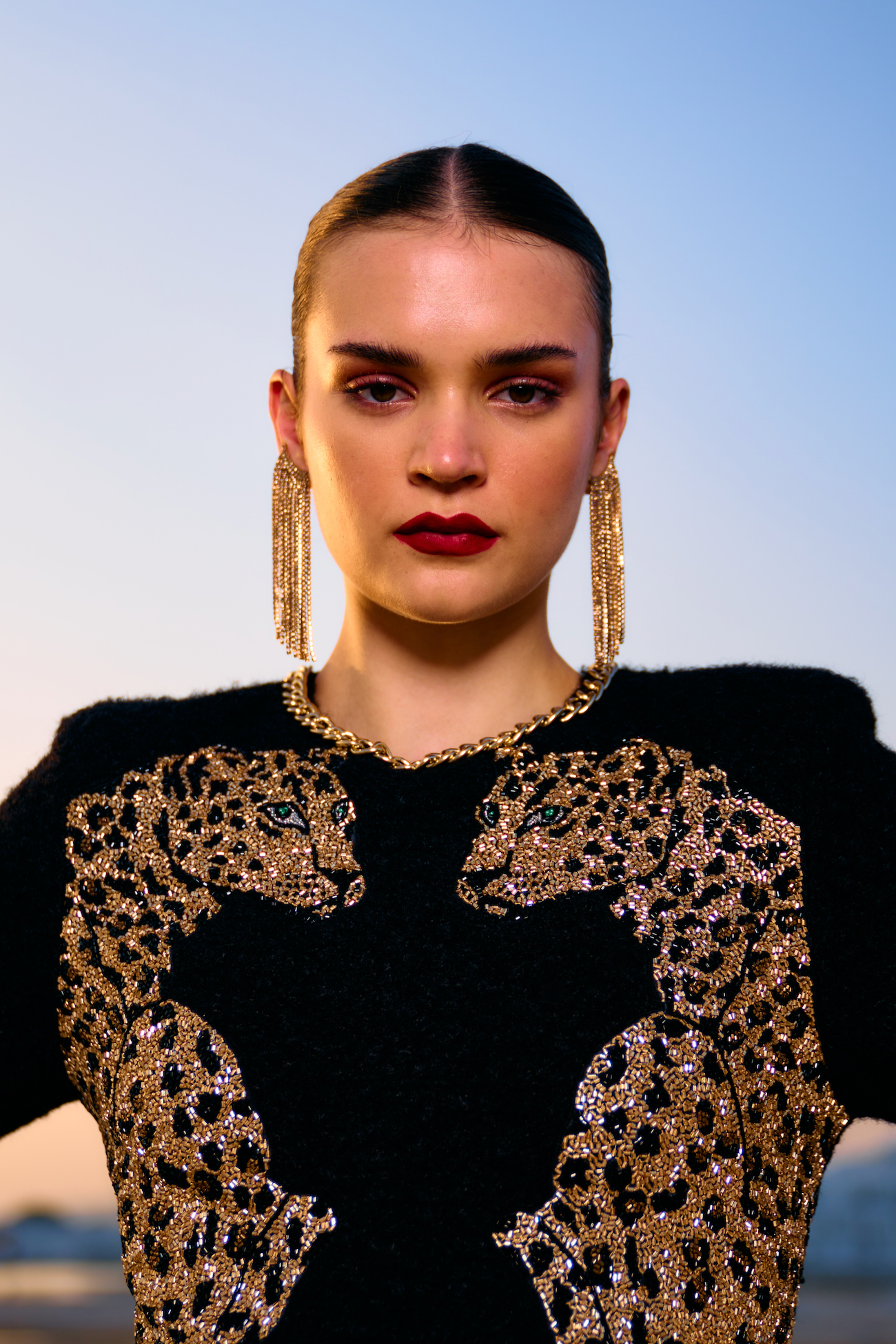 MATERIAL GIRL 02 JADE BLACK SHERPA FABRIC WINTER STATEMENT DRESS WITH GOLD LEOPARD EMBROIDERY AND METAL CHAIN AROUND
