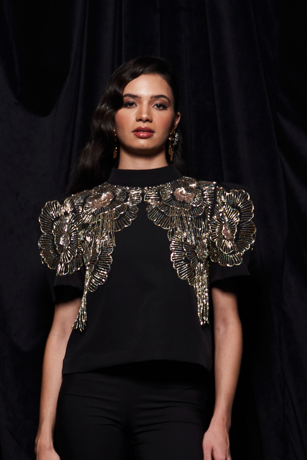 LEILA BLACK COLOR PARTY CO-ORDINATE WITH SILVER GOLD BEADS HAND EMBROIDERED BOX SLEEVES TOP AND PLAIN PANTS