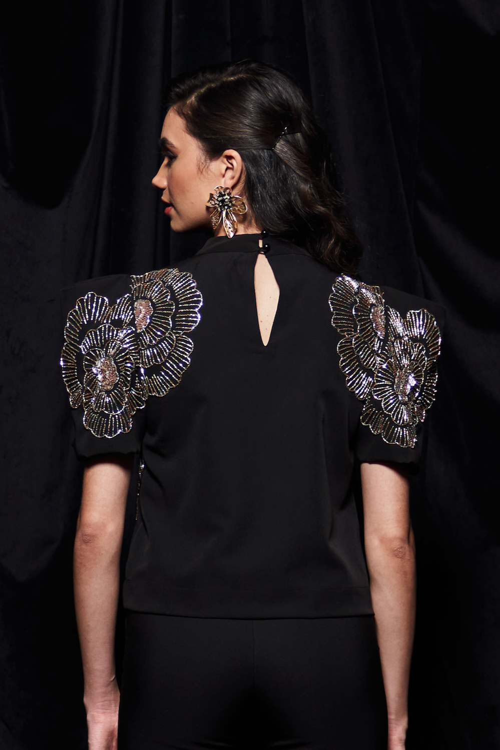 LEILA BLACK COLOR PARTY CO-ORDINATE WITH SILVER GOLD BEADS HAND EMBROIDERED BOX SLEEVES TOP AND PLAIN PANTS