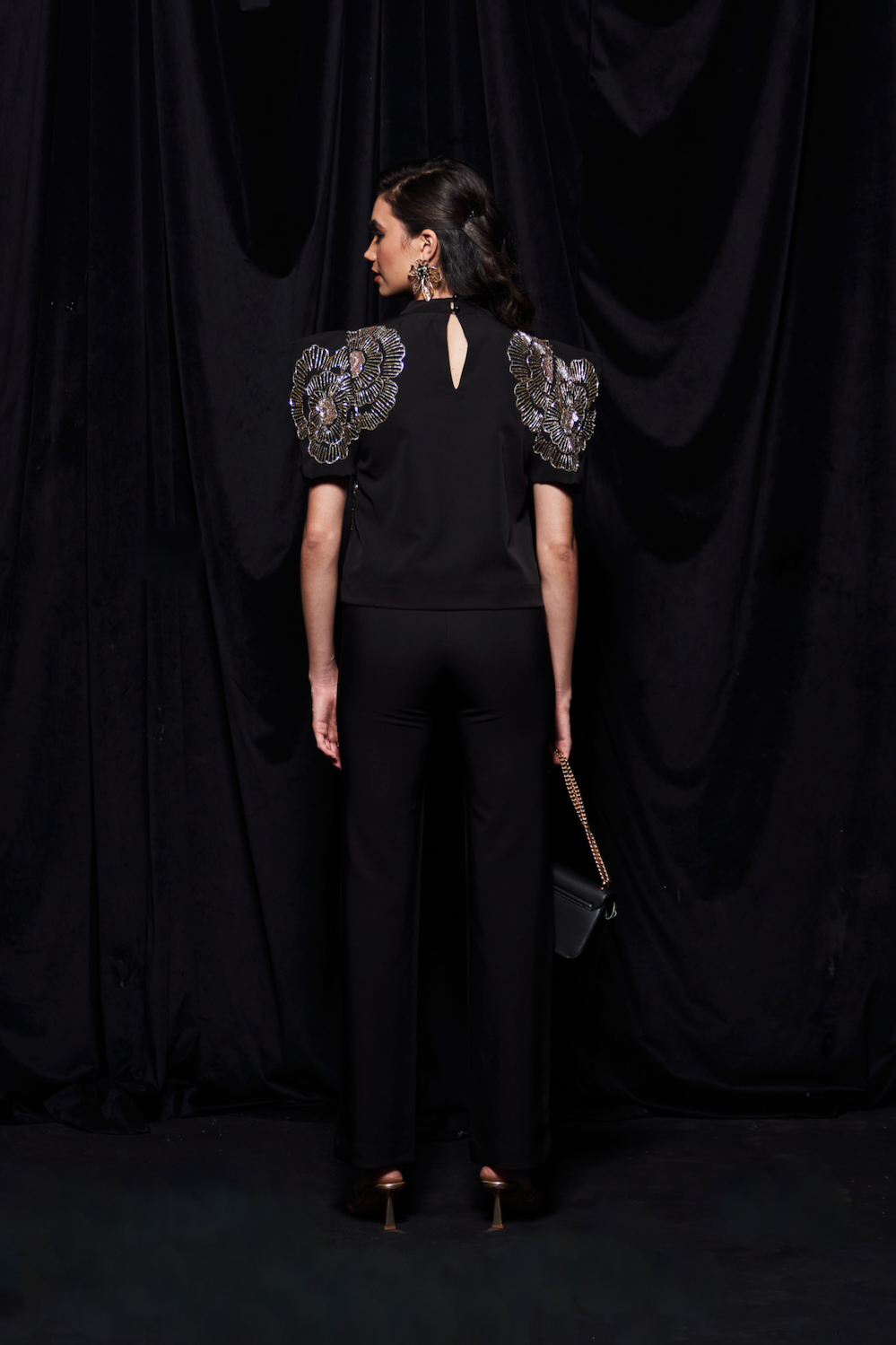 LEILA BLACK COLOR PARTY CO-ORDINATE WITH SILVER GOLD BEADS HAND EMBROIDERED BOX SLEEVES TOP AND PLAIN PANTS