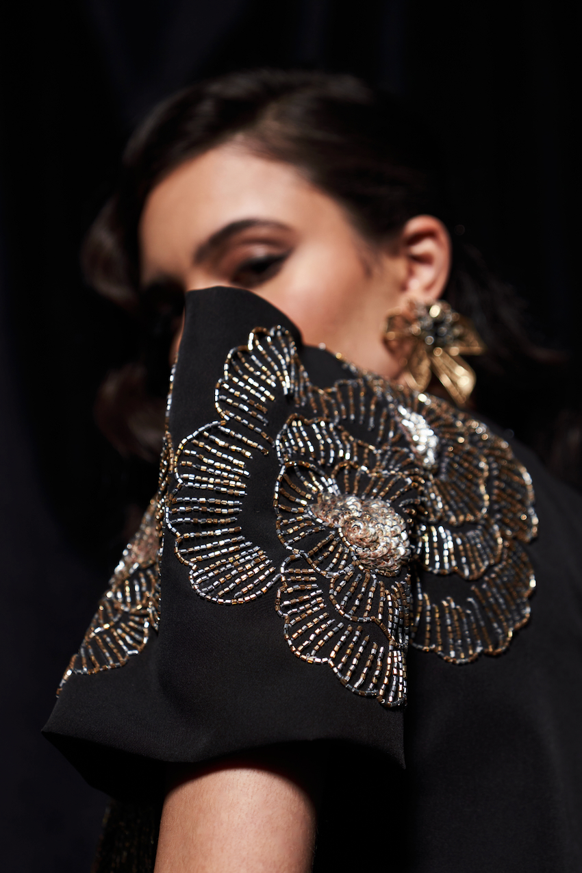 LEILA BLACK COLOR PARTY CO-ORDINATE WITH SILVER GOLD BEADS HAND EMBROIDERED BOX SLEEVES TOP AND PLAIN PANTS