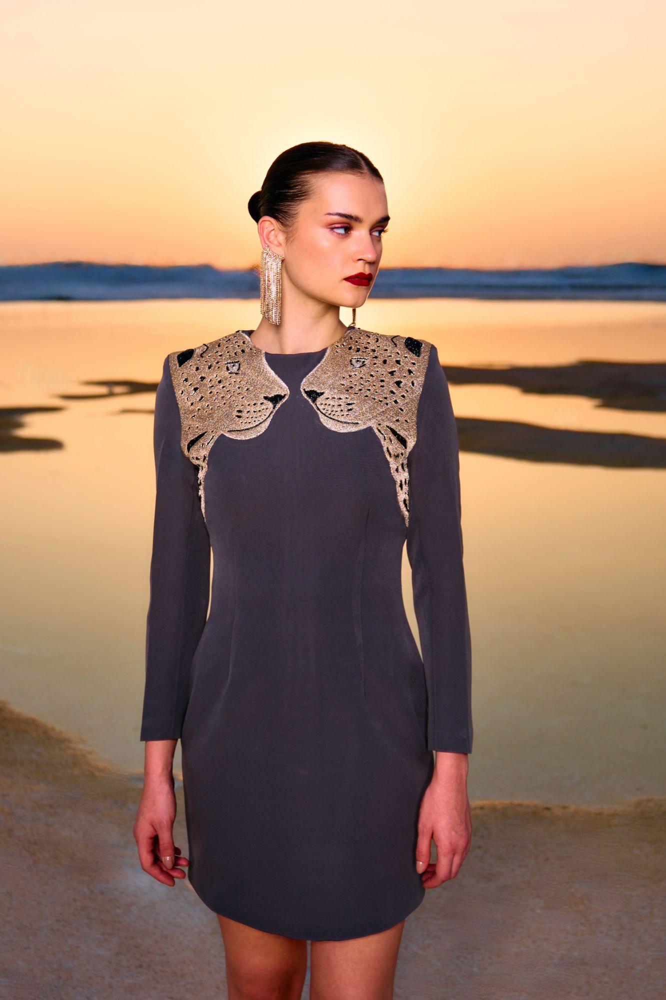 MATERIAL GIRL 02 ASH GREY COLOR ABOVE KNEE LENGTH PARTY DRESS WITH GOLD ZARI AND DABKA LEOPARD FACE EMBROIDERY