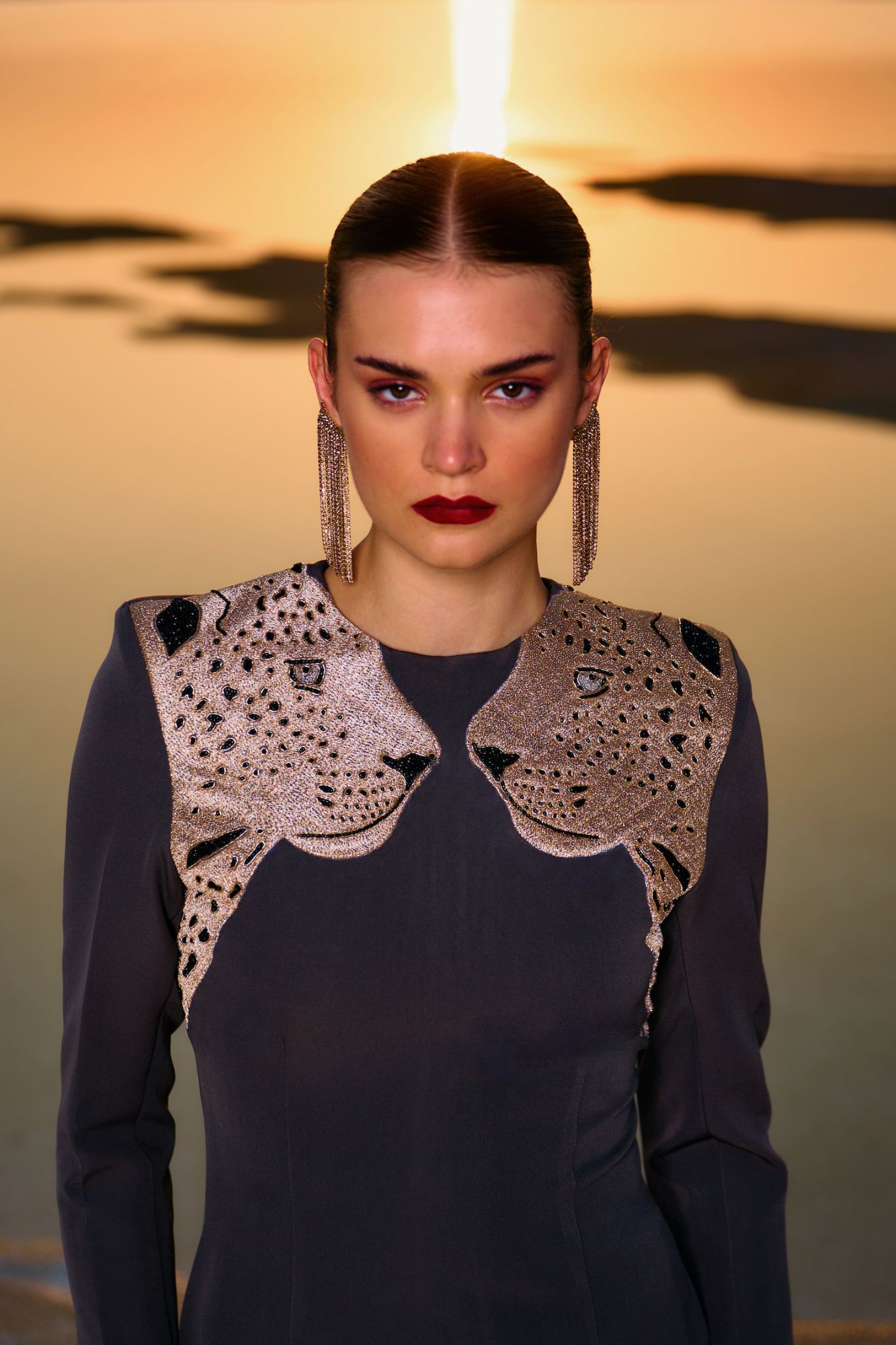 MATERIAL GIRL 02 ASH GREY COLOR ABOVE KNEE LENGTH PARTY DRESS WITH GOLD ZARI AND DABKA LEOPARD FACE EMBROIDERY