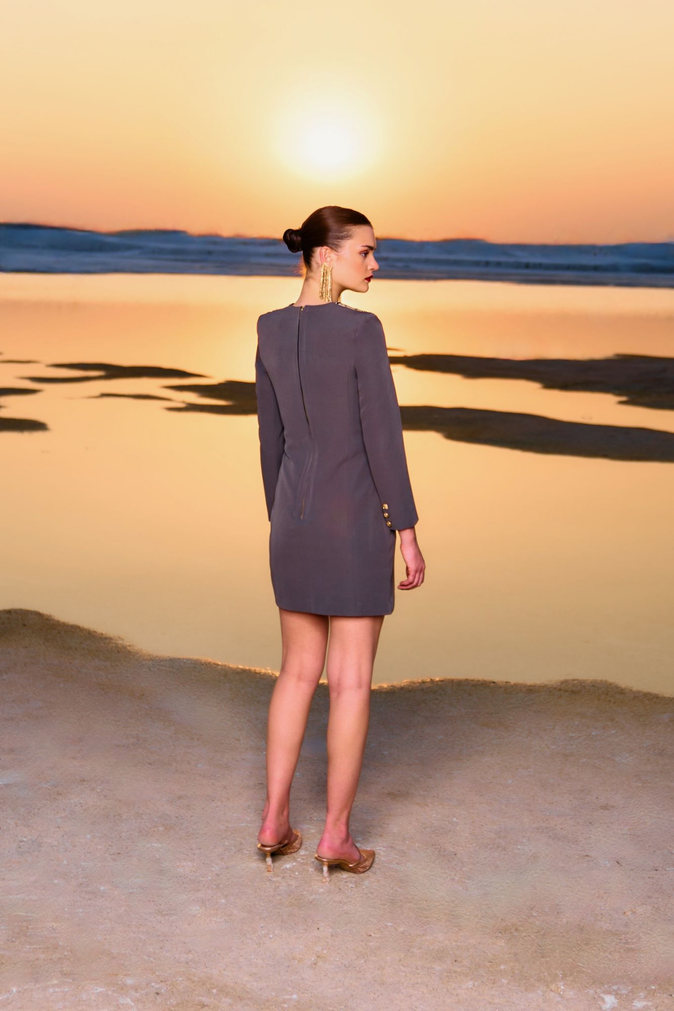 MATERIAL GIRL 02 ASH GREY COLOR ABOVE KNEE LENGTH PARTY DRESS WITH GOLD ZARI AND DABKA LEOPARD FACE EMBROIDERY