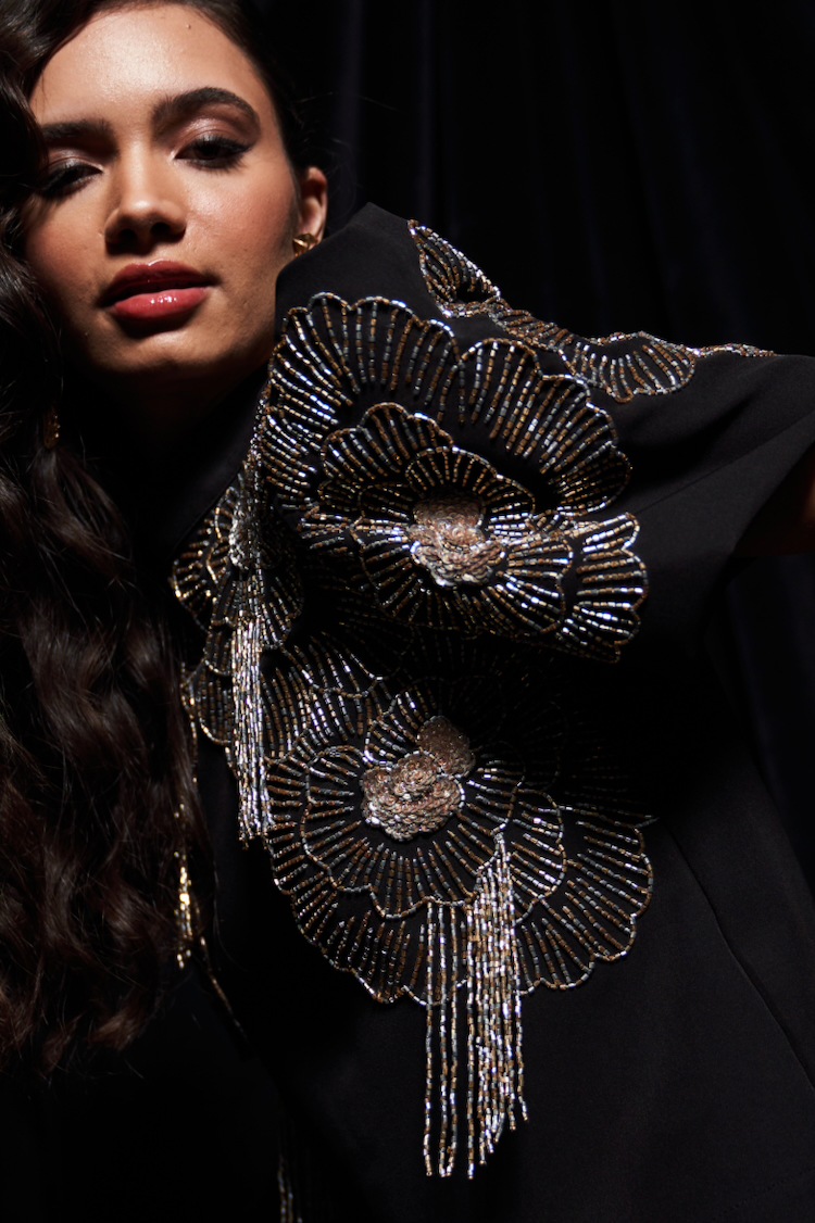 LEILA BLACK COLOR BOX SLEEVES PARTY TOP WITH GOLD AND SILVER GLASS BEADS HAND EMBROIDERY WORK