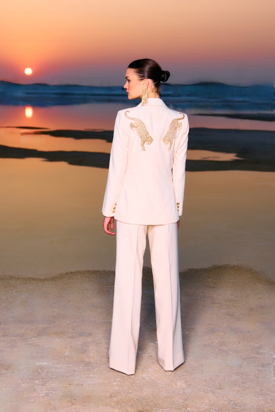 MATERIAL GIRL 02 IVORY CREAM COLOR JACKET AND PANT CO-ORDINATE WITH GOLD ZARI AND DABKA HAND EMBROIDERY