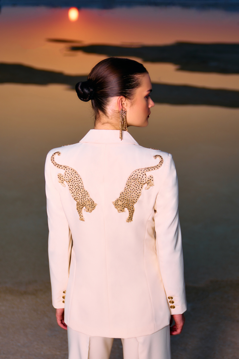 MATERIAL GIRL 02 IVORY CREAM COLOR JACKET AND PANT CO-ORDINATE WITH GOLD ZARI AND DABKA HAND EMBROIDERY