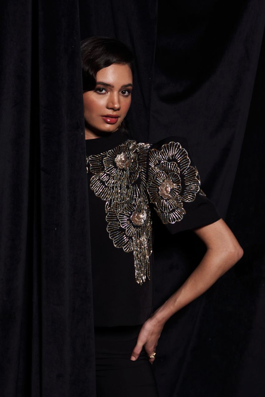 LEILA BLACK COLOR BOX SLEEVES PARTY TOP WITH GOLD AND SILVER GLASS BEADS HAND EMBROIDERY WORK