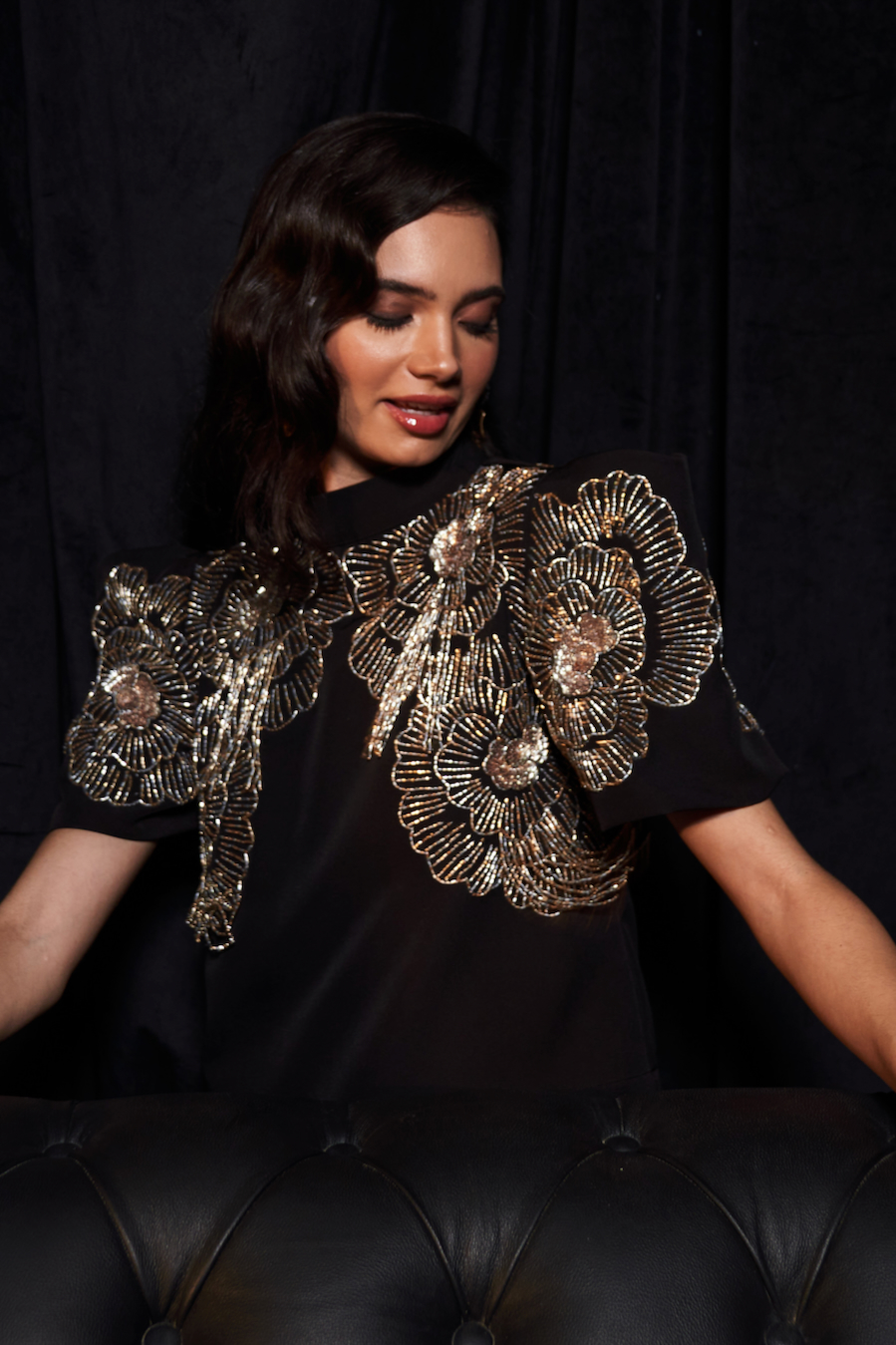LEILA BLACK COLOR BOX SLEEVES PARTY TOP WITH GOLD AND SILVER GLASS BEADS HAND EMBROIDERY WORK