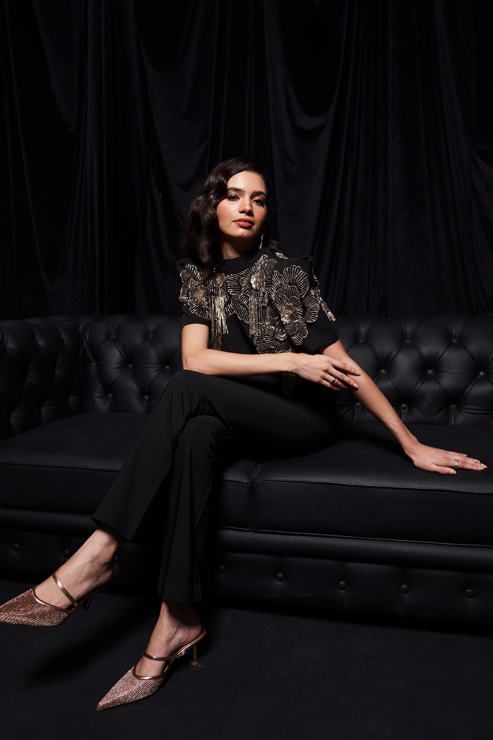 LEILA BLACK COLOR PARTY CO-ORDINATE WITH SILVER GOLD BEADS HAND EMBROIDERED BOX SLEEVES TOP AND PLAIN PANTS