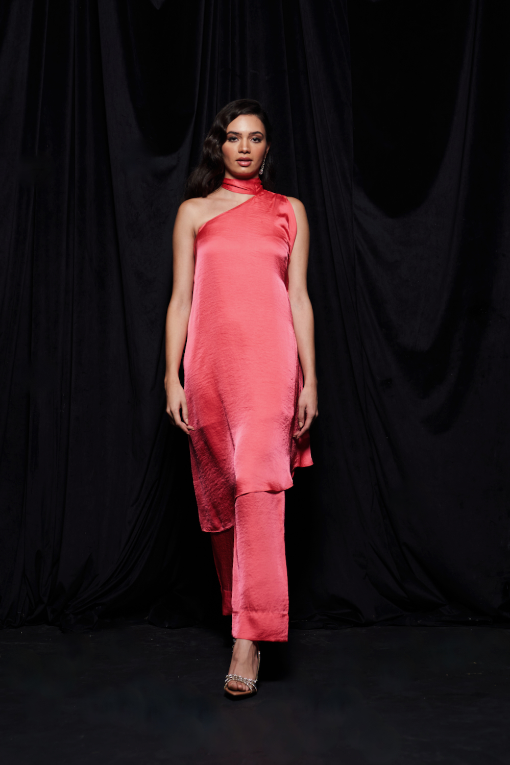 LEILA CORAL COLOR TEXTURED SATIN ASYMMETRIC HEM ONE SIDE SHOULDER WITH NECK SASH TUNIC AND STRAIGHT PANTS CO-ORDINATE