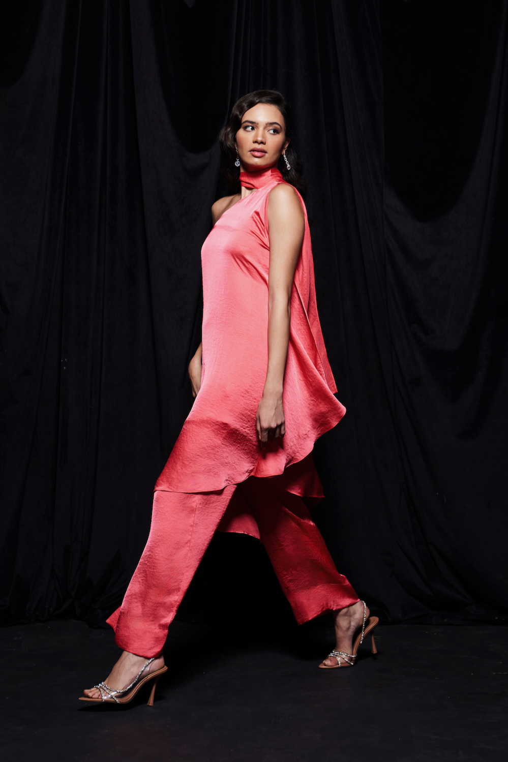LEILA CORAL COLOR TEXTURED SATIN ASYMMETRIC HEM ONE SIDE SHOULDER WITH NECK SASH TUNIC AND STRAIGHT PANTS CO-ORDINATE
