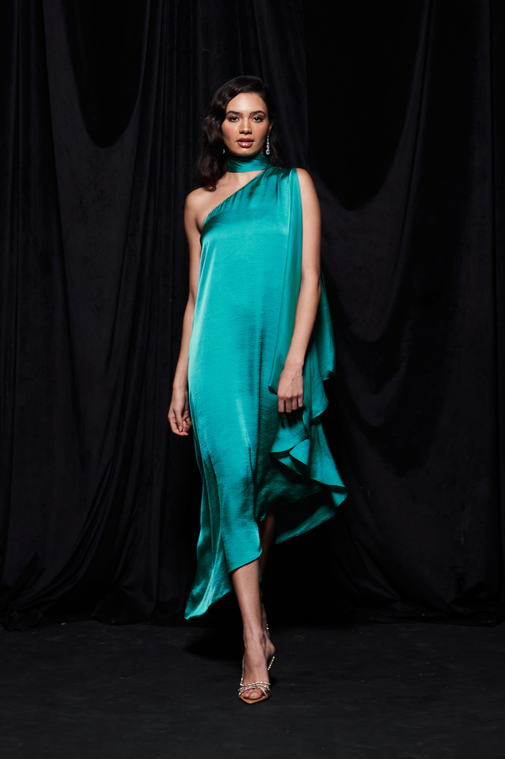 LEILA TURQUOISE BLUE COLOR TEXTURED SATIN ASYMMETRIC HEM ONE SIDE SHOULDER DRESS WITH ATTACHED NECK SASH