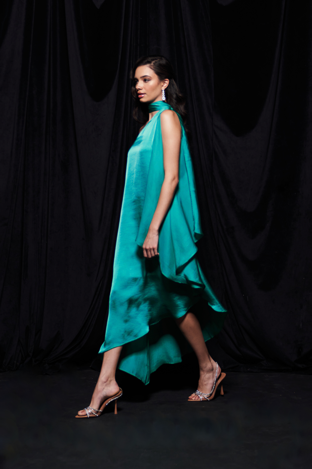 LEILA TURQUOISE BLUE COLOR TEXTURED SATIN ASYMMETRIC HEM ONE SIDE SHOULDER DRESS WITH ATTACHED NECK SASH