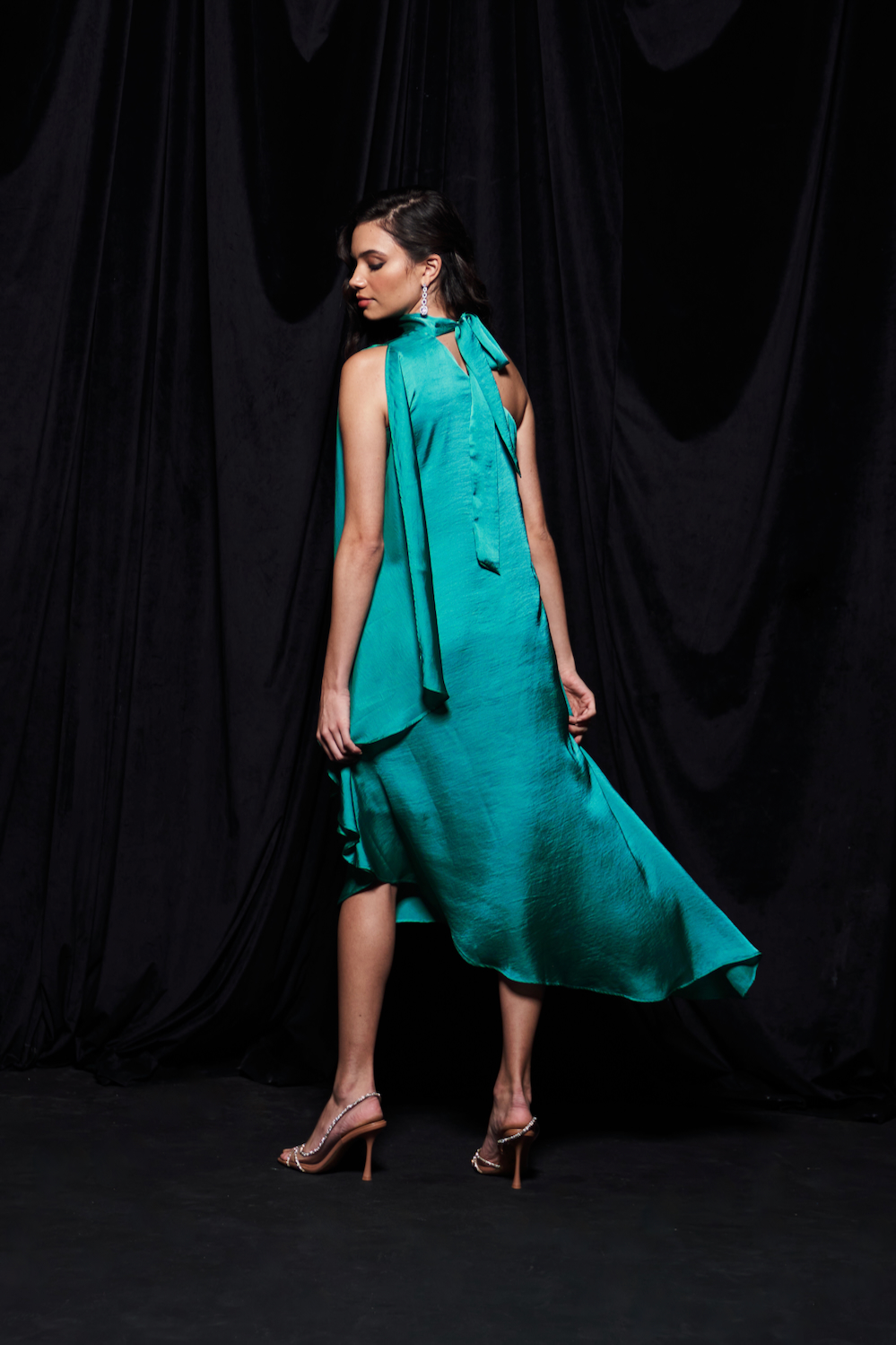 LEILA TURQUOISE BLUE COLOR TEXTURED SATIN ASYMMETRIC HEM ONE SIDE SHOULDER DRESS WITH ATTACHED NECK SASH
