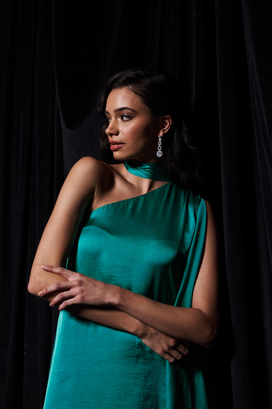LEILA TURQUOISE BLUE COLOR TEXTURED SATIN ASYMMETRIC HEM ONE SIDE SHOULDER DRESS WITH ATTACHED NECK SASH