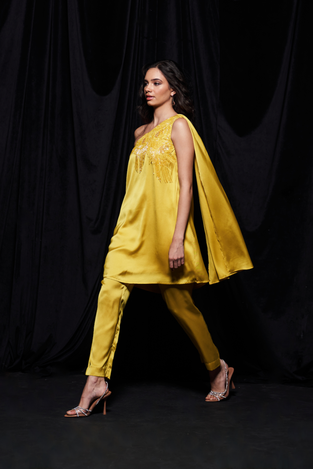 LEILA YELLOW TWILL SATIN FABRIC ONE SIDE SHOULDER TRAIL TUNIC AND STRAIGHT PANTS CO-ORDINATE WITH GLASS BEAD EMBROIDERY
