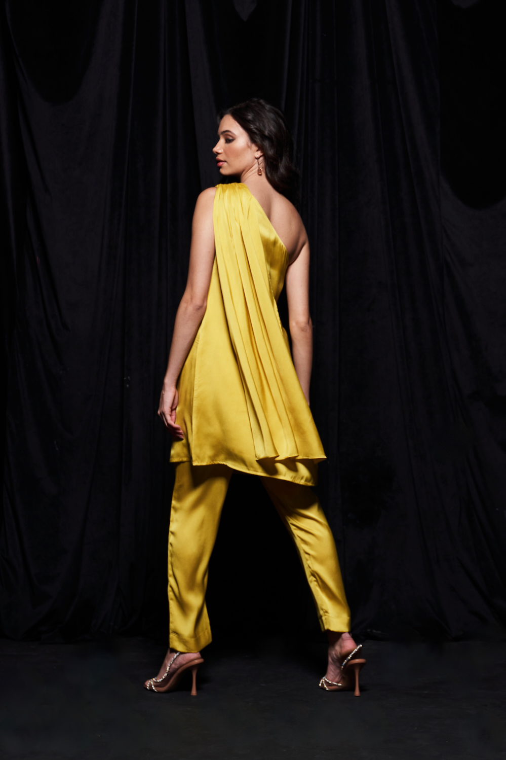 LEILA YELLOW TWILL SATIN FABRIC ONE SIDE SHOULDER TRAIL TUNIC AND STRAIGHT PANTS CO-ORDINATE WITH GLASS BEAD EMBROIDERY