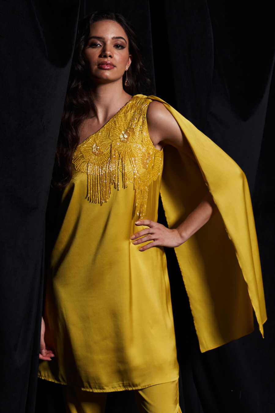 LEILA YELLOW TWILL SATIN FABRIC ONE SIDE SHOULDER TRAIL TUNIC AND STRAIGHT PANTS CO-ORDINATE WITH GLASS BEAD EMBROIDERY