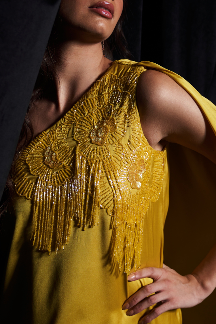 LEILA YELLOW TWILL SATIN FABRIC ONE SIDE SHOULDER TRAIL TUNIC AND STRAIGHT PANTS CO-ORDINATE WITH GLASS BEAD EMBROIDERY