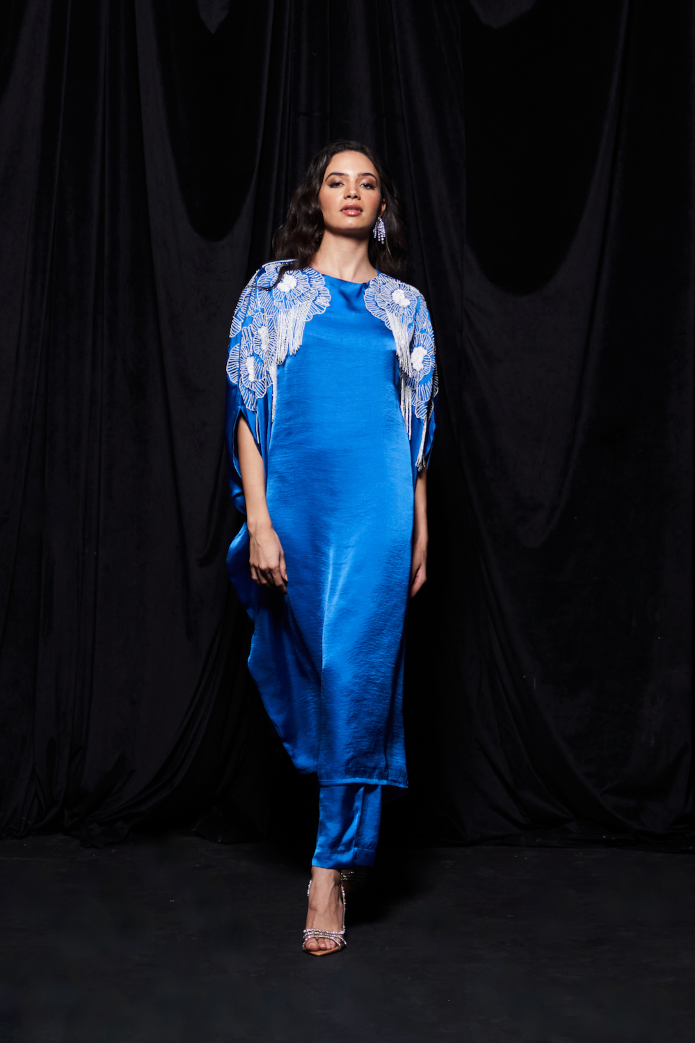 LEILA COBALT BLUE COLOR KAFTAN WITH GLISTENING WHITE GLASS BEADS PLACEMENT HAND EMBROIDERY AND NARROW PANTS