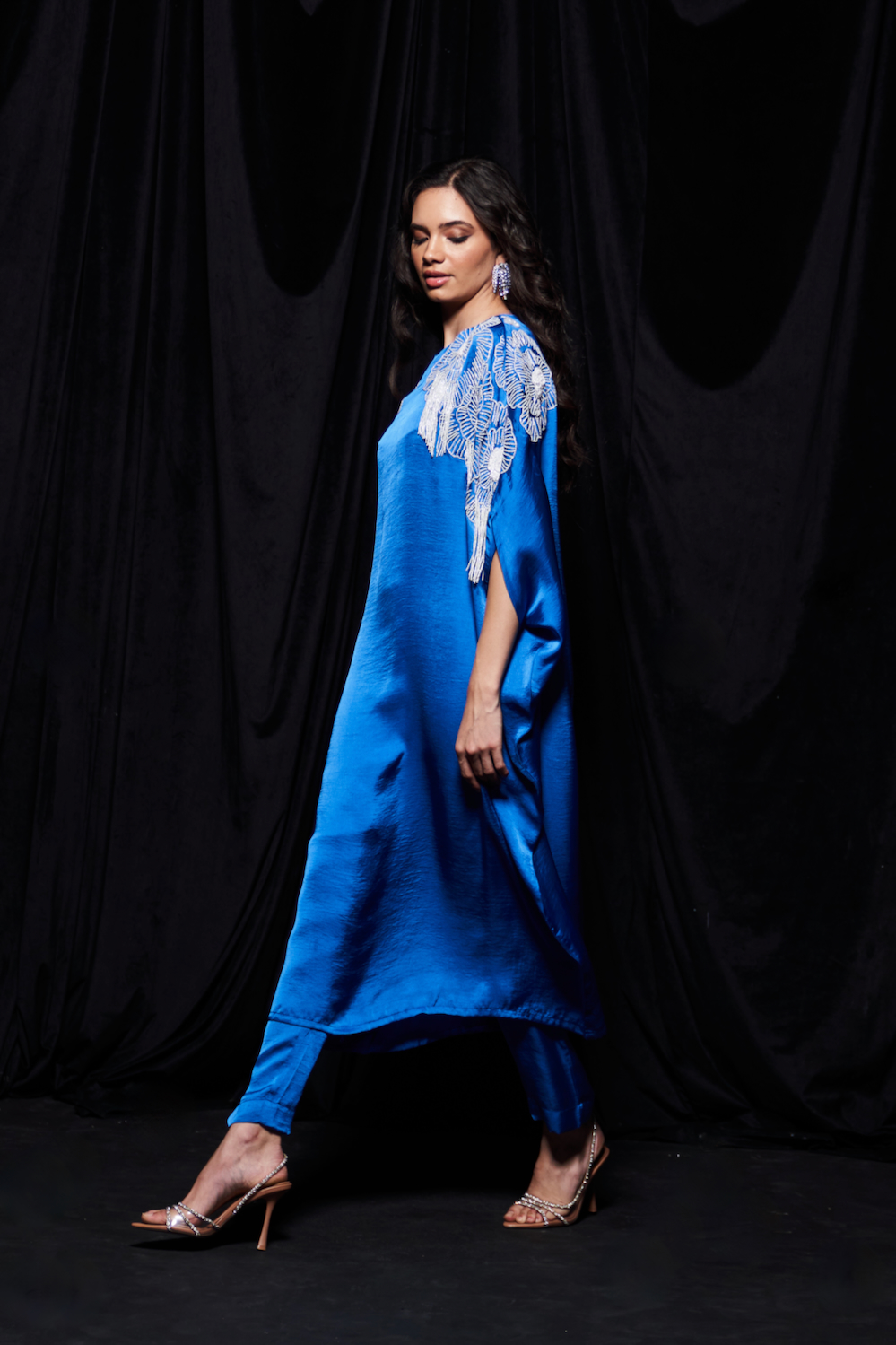 LEILA COBALT BLUE COLOR KAFTAN WITH GLISTENING WHITE GLASS BEADS PLACEMENT HAND EMBROIDERY AND NARROW PANTS
