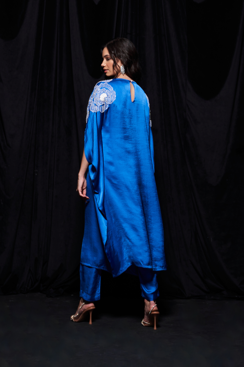 LEILA COBALT BLUE COLOR KAFTAN WITH GLISTENING WHITE GLASS BEADS PLACEMENT HAND EMBROIDERY AND NARROW PANTS