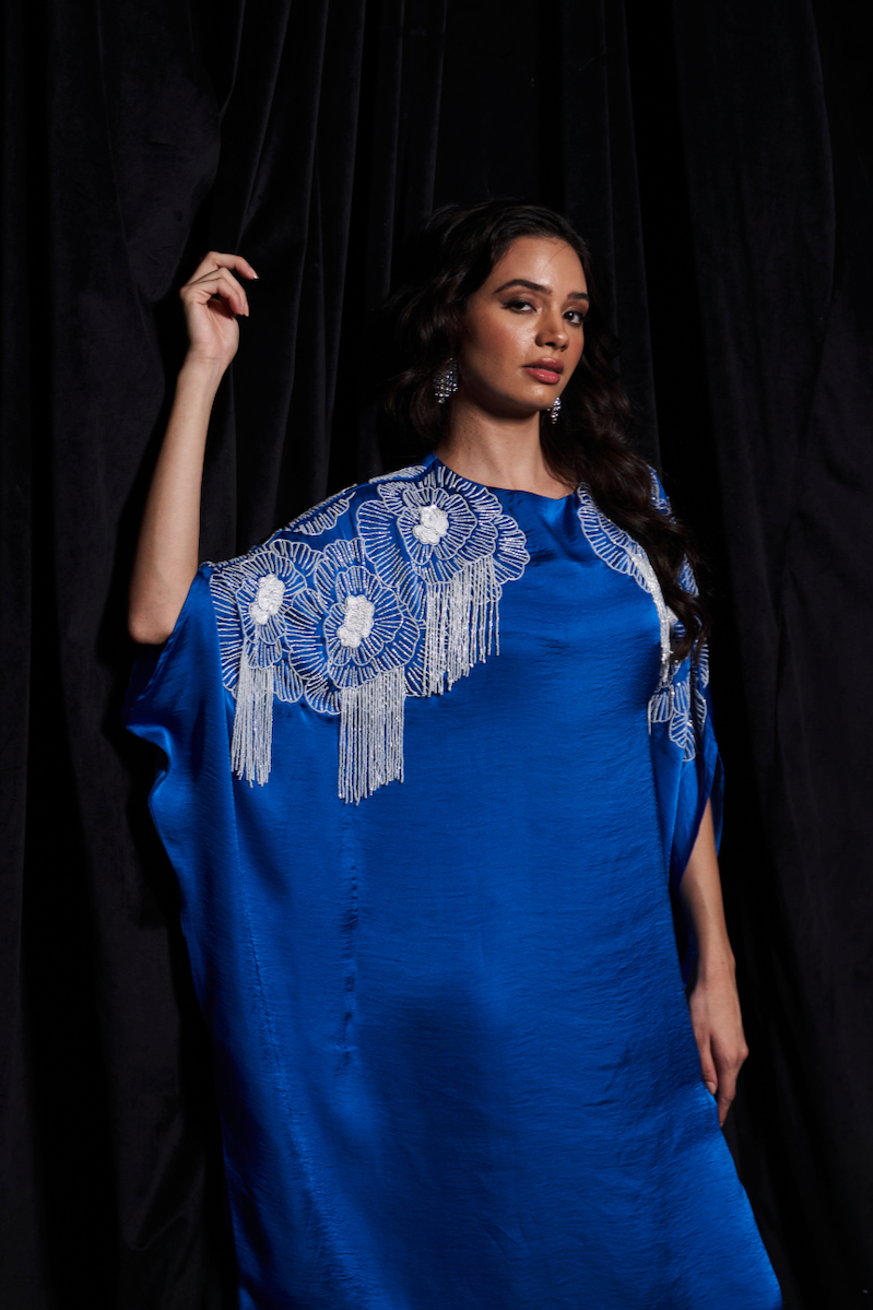 LEILA COBALT BLUE COLOR KAFTAN WITH GLISTENING WHITE GLASS BEADS PLACEMENT HAND EMBROIDERY AND NARROW PANTS