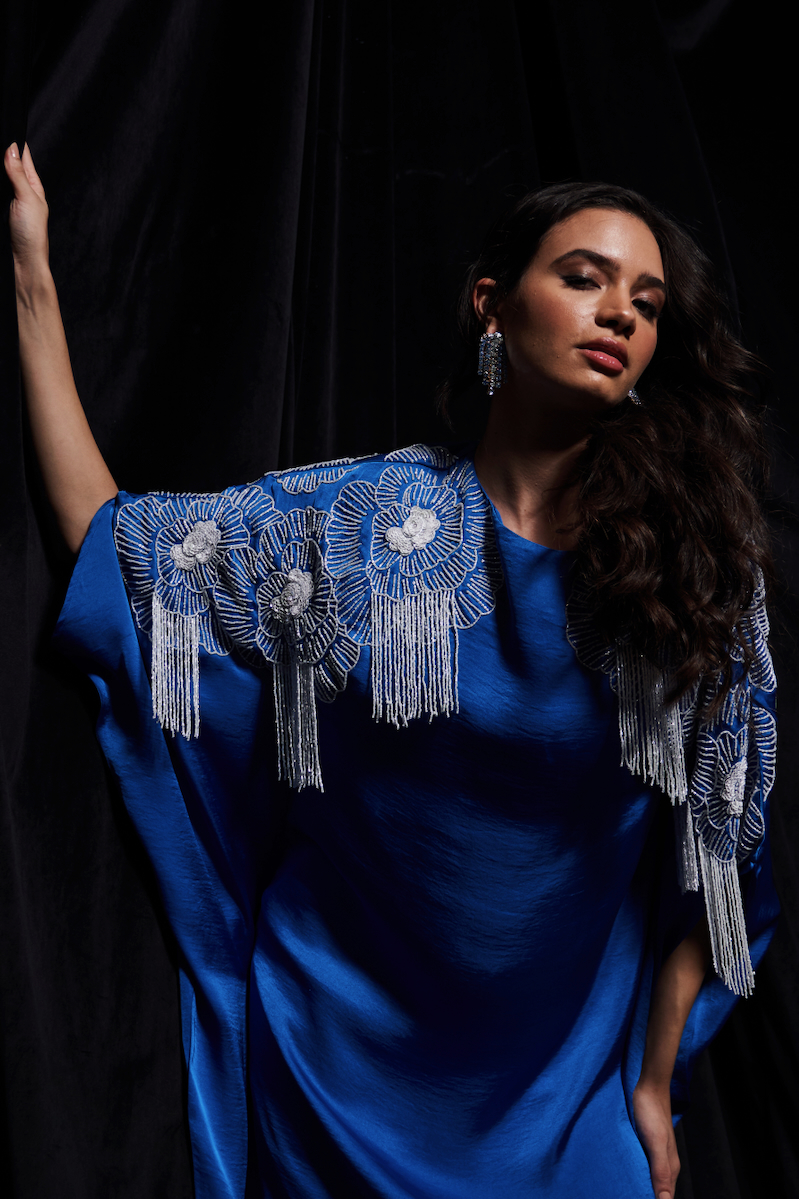 LEILA COBALT BLUE COLOR KAFTAN WITH GLISTENING WHITE GLASS BEADS PLACEMENT HAND EMBROIDERY AND NARROW PANTS