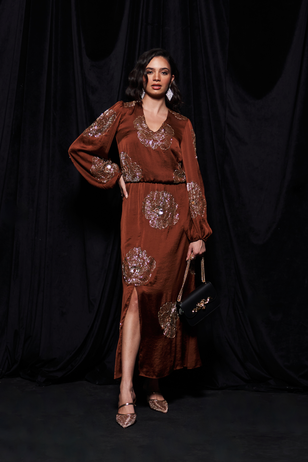 LEILA COCO BROWN TEXTURED SATIN FABRIC LONG DRESS WITH FULL SLEEVES AND GOLD COLOR GLASS BEADS HAND EMBROIDERY