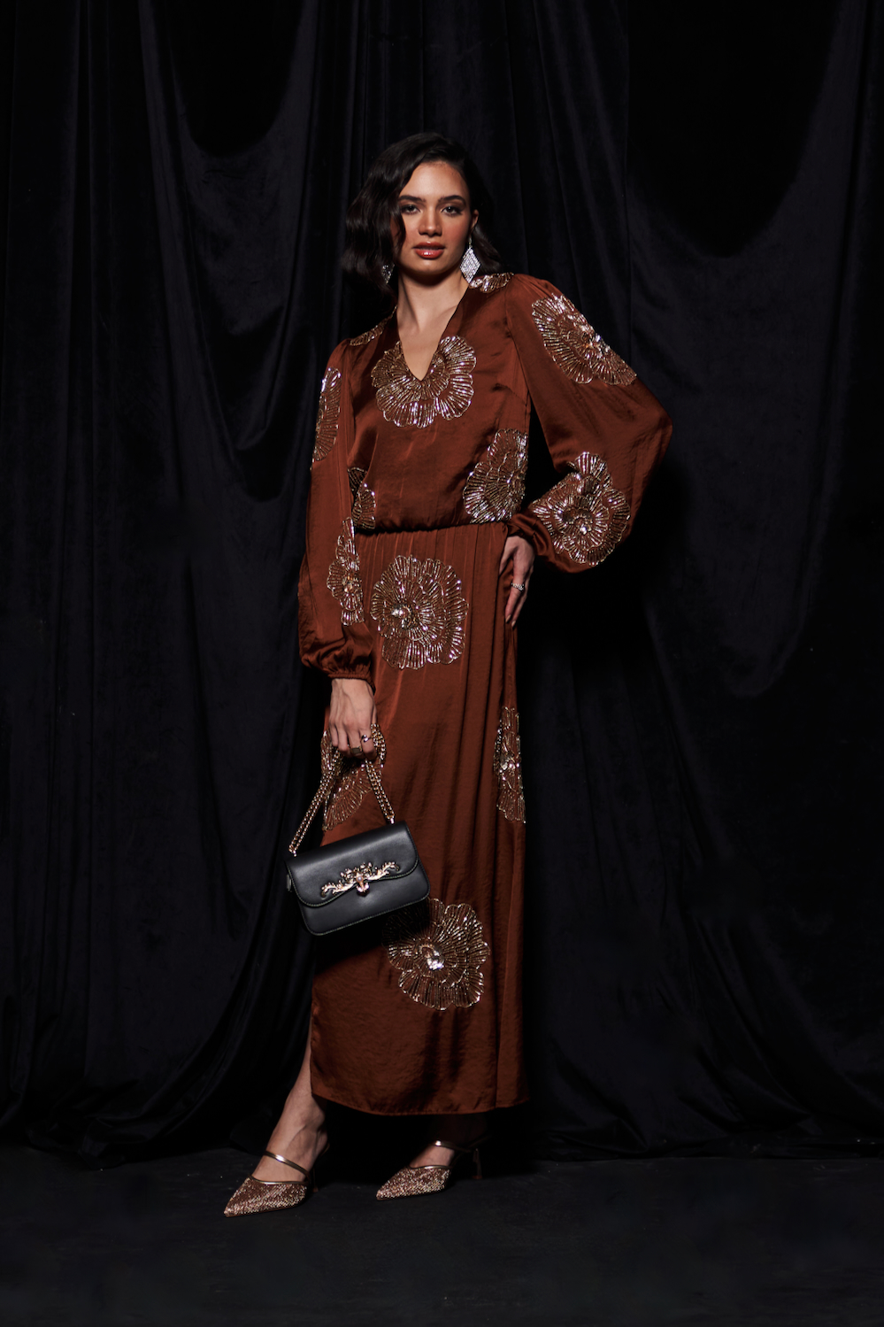 LEILA COCO BROWN TEXTURED SATIN FABRIC LONG DRESS WITH FULL SLEEVES AND GOLD COLOR GLASS BEADS HAND EMBROIDERY