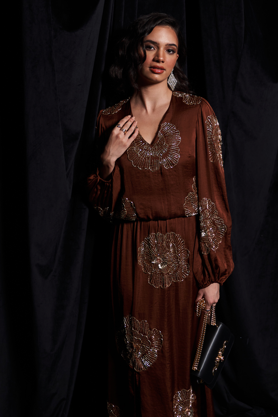 LEILA COCO BROWN TEXTURED SATIN FABRIC LONG DRESS WITH FULL SLEEVES AND GOLD COLOR GLASS BEADS HAND EMBROIDERY