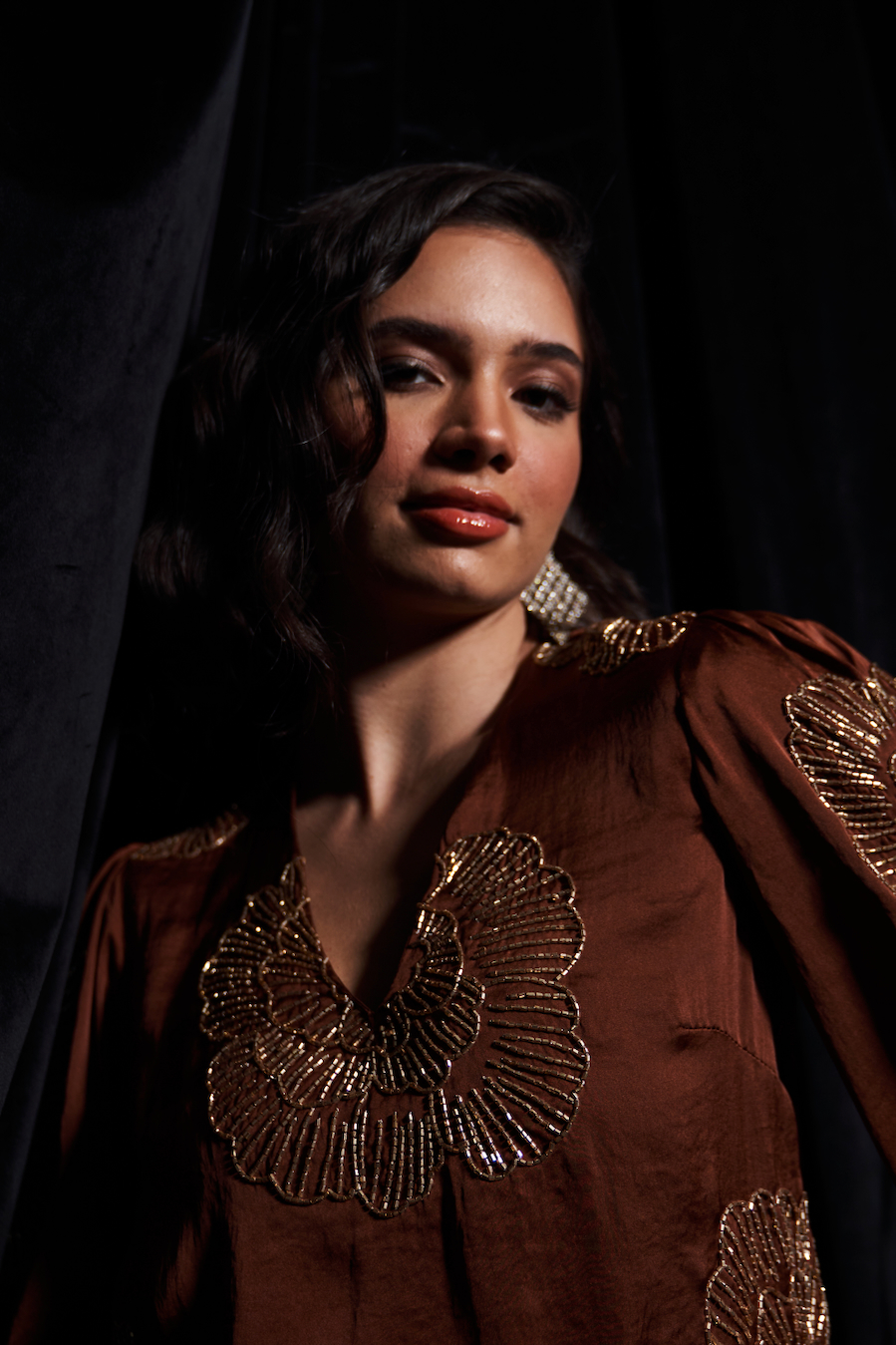 LEILA COCO BROWN TEXTURED SATIN FABRIC LONG DRESS WITH FULL SLEEVES AND GOLD COLOR GLASS BEADS HAND EMBROIDERY