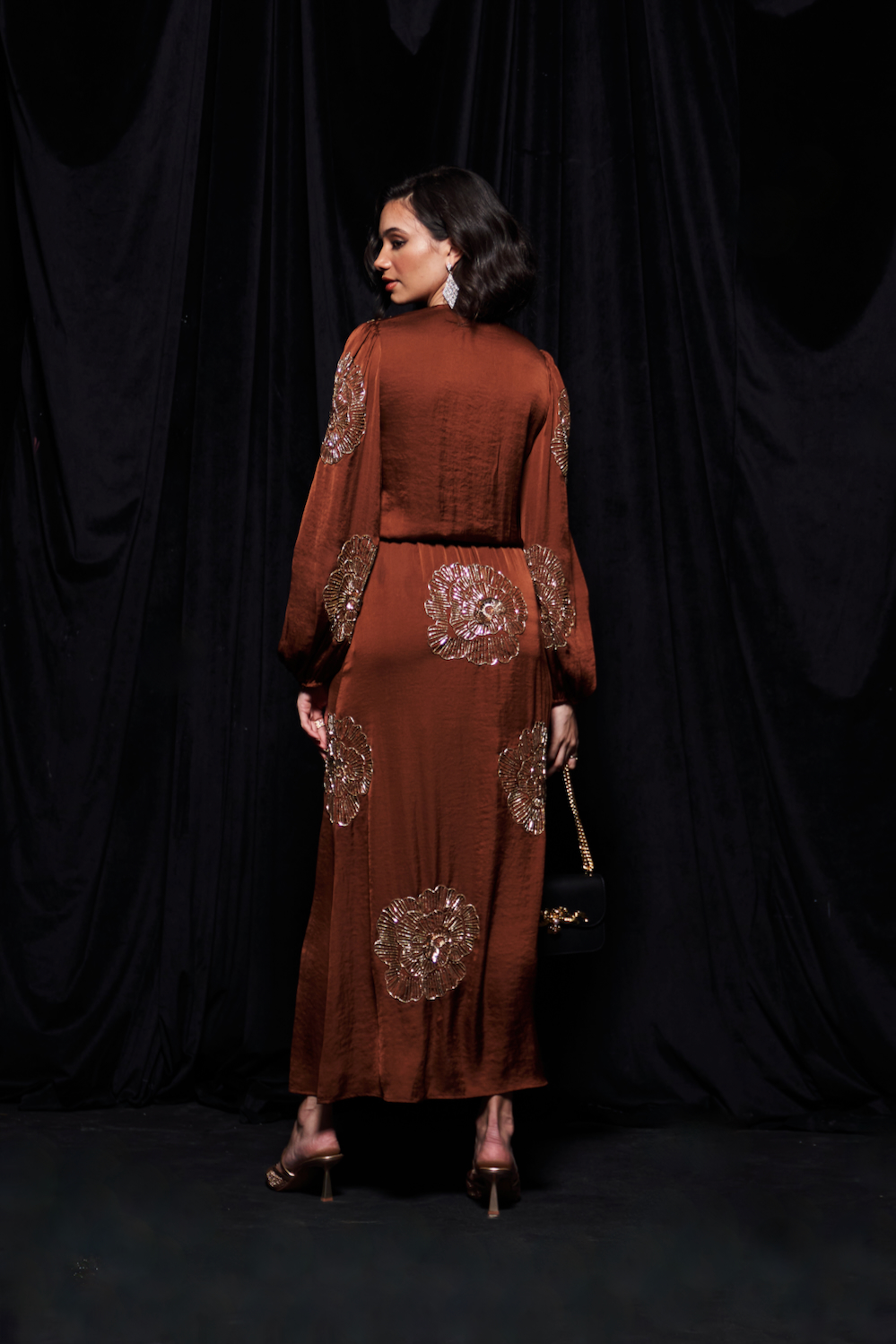 LEILA COCO BROWN TEXTURED SATIN FABRIC LONG DRESS WITH FULL SLEEVES AND GOLD COLOR GLASS BEADS HAND EMBROIDERY