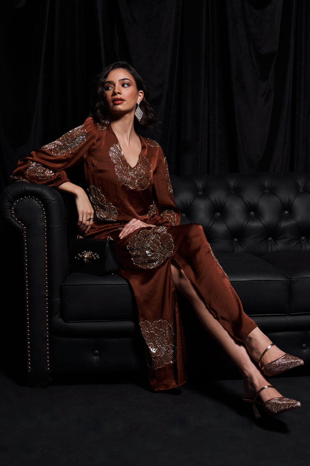 LEILA COCO BROWN TEXTURED SATIN FABRIC LONG DRESS WITH FULL SLEEVES AND GOLD COLOR GLASS BEADS HAND EMBROIDERY