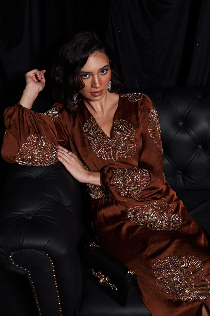 LEILA COCO BROWN TEXTURED SATIN FABRIC LONG DRESS WITH FULL SLEEVES AND GOLD COLOR GLASS BEADS HAND EMBROIDERY