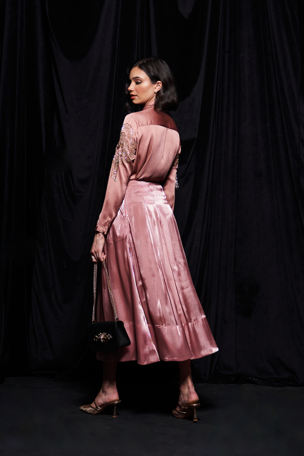 LEILA ROSE GOLD COLOR WAVE SATIN GLASS BEADS EMBROIDERED SHIRT AND FLUID ORGANZA MIDI LENGTH SKIRT CO-ORDINATE