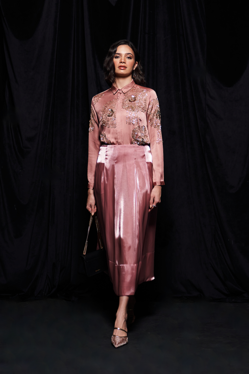 LEILA ROSE GOLD COLOR WAVE SATIN GLASS BEADS EMBROIDERED SHIRT AND FLUID ORGANZA MIDI LENGTH SKIRT CO-ORDINATE