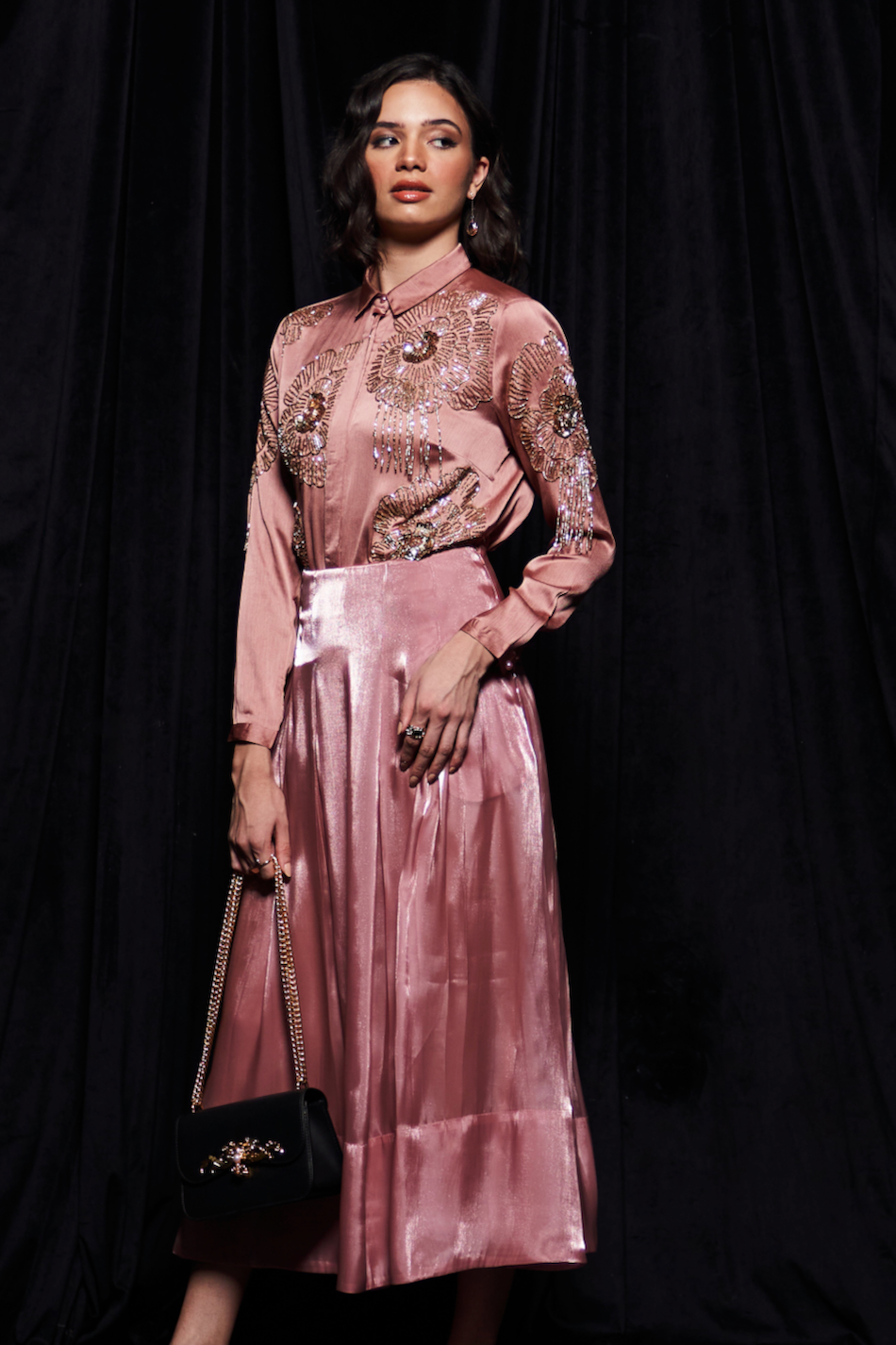 LEILA ROSE GOLD COLOR WAVE SATIN GLASS BEADS EMBROIDERED SHIRT AND FLUID ORGANZA MIDI LENGTH SKIRT CO-ORDINATE