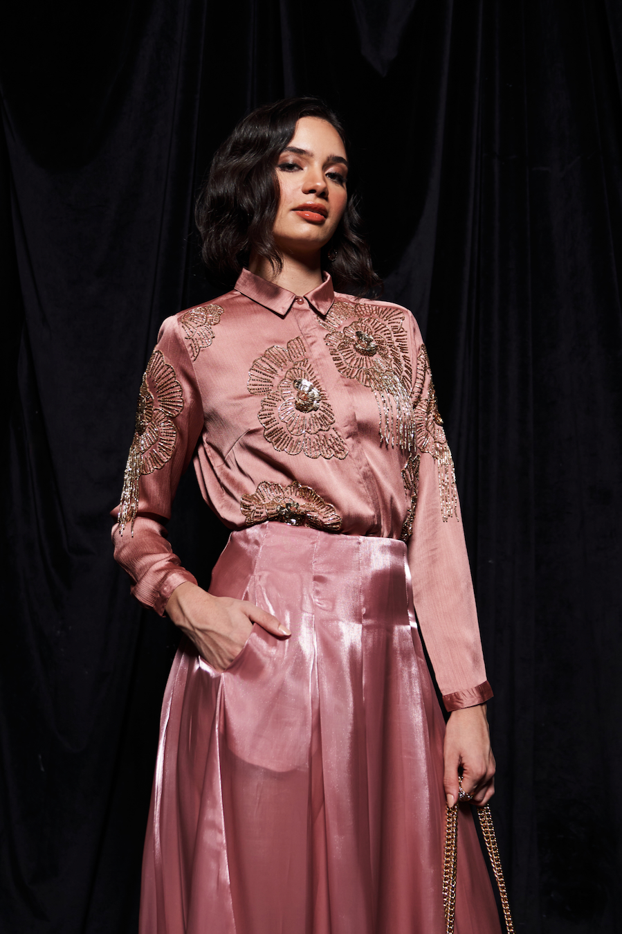 LEILA ROSE GOLD COLOR WAVE SATIN GLASS BEADS EMBROIDERED SHIRT AND FLUID ORGANZA MIDI LENGTH SKIRT CO-ORDINATE