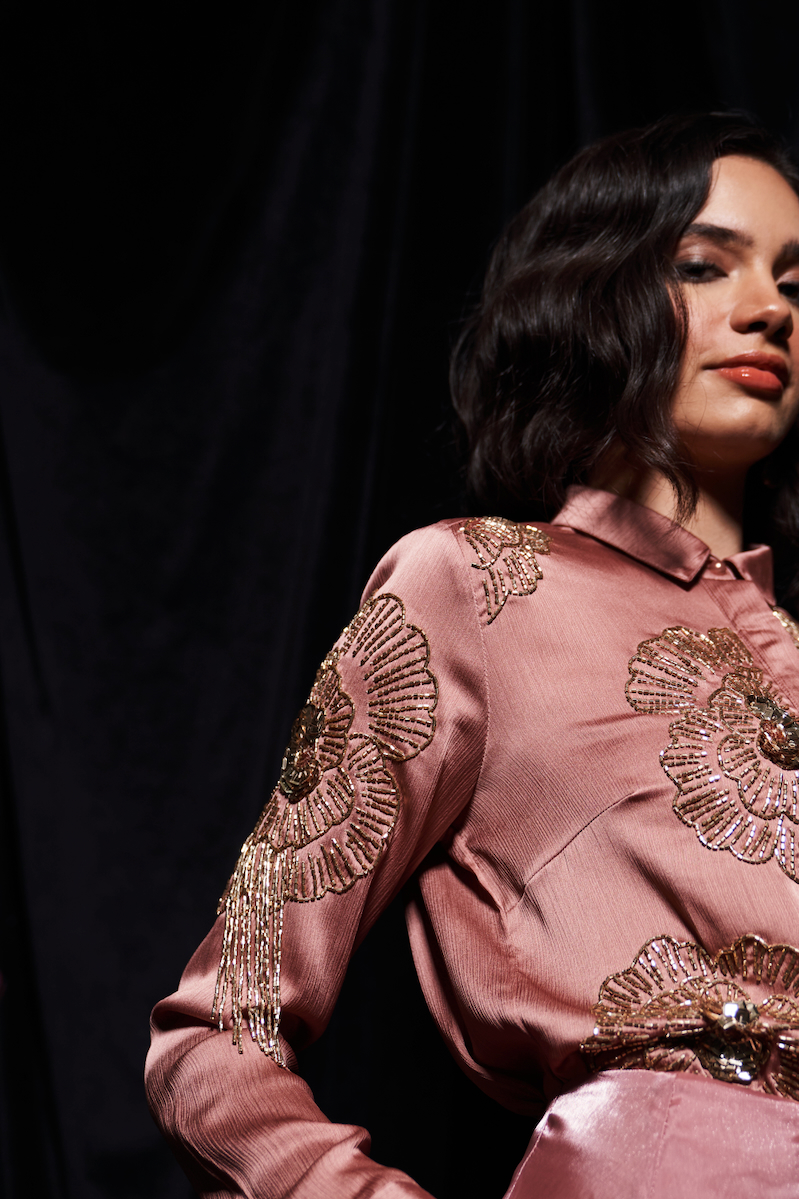 LEILA ROSE GOLD COLOR WAVE SATIN GLASS BEADS EMBROIDERED SHIRT AND FLUID ORGANZA MIDI LENGTH SKIRT CO-ORDINATE