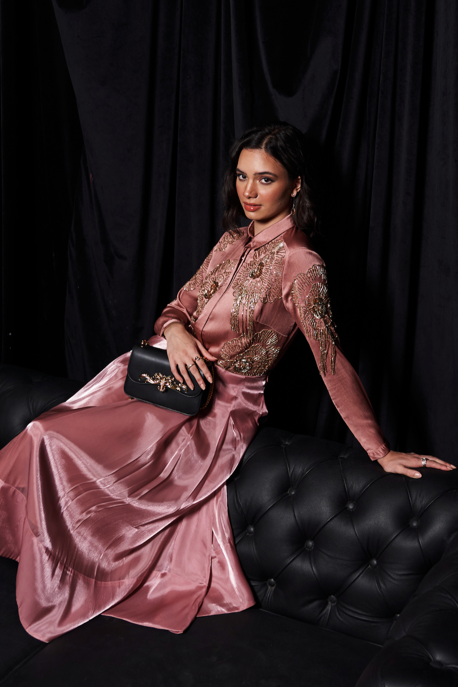 LEILA ROSE GOLD COLOR WAVE SATIN GLASS BEADS EMBROIDERED SHIRT AND FLUID ORGANZA MIDI LENGTH SKIRT CO-ORDINATE