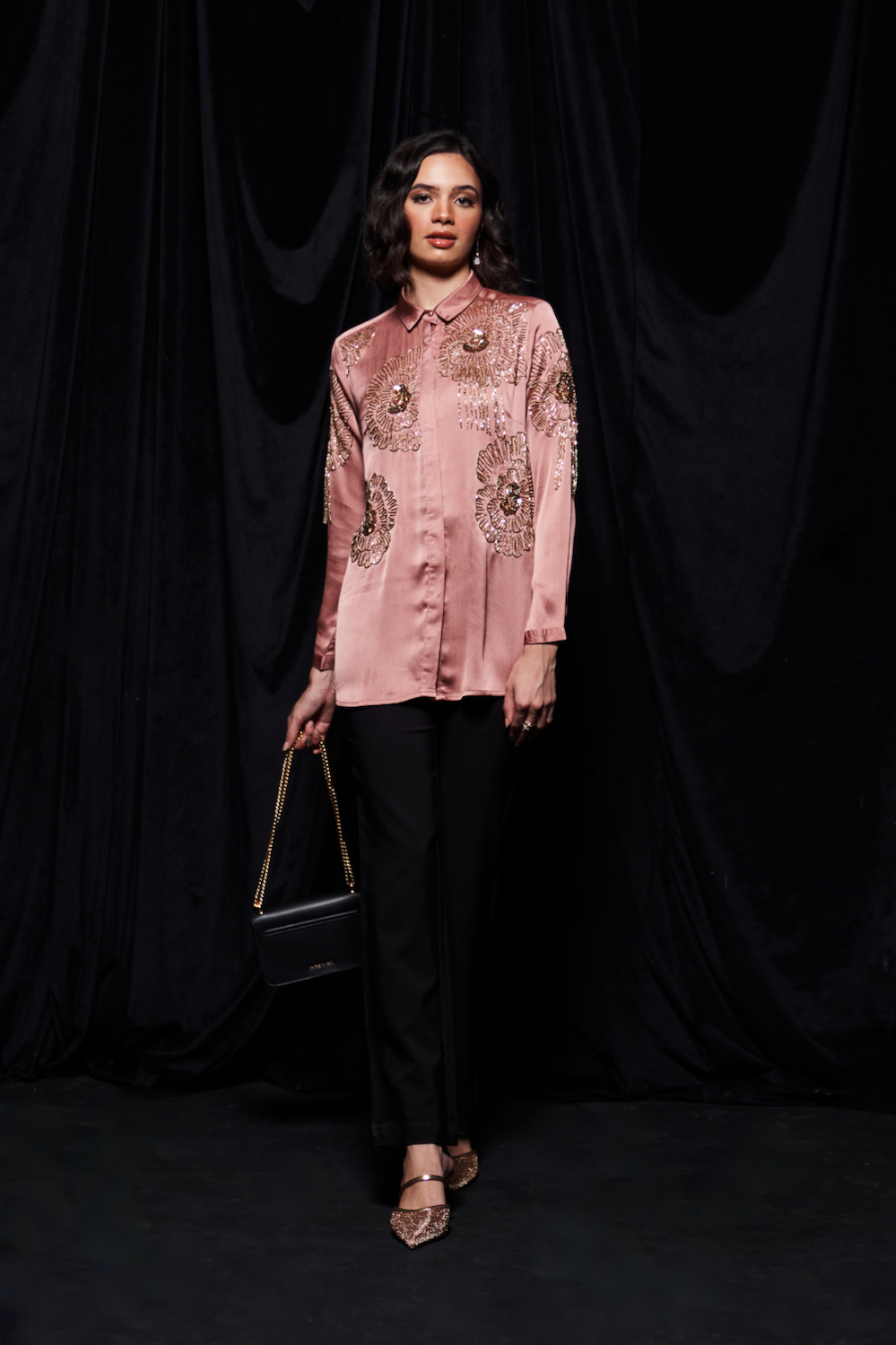 LEILA ROSE GOLD COLOR WAVE SATIN FABRIC FULL LENGTH SLEEVES COLLARED PARTY SHIRT WITH GLISTENING GLASS BEADS EMBROIDERY