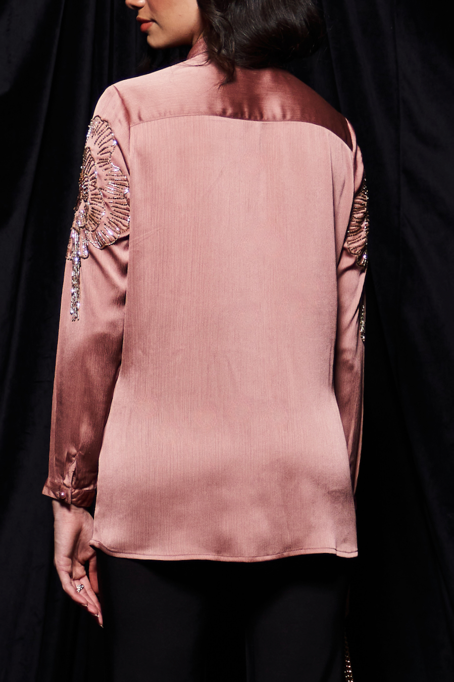 LEILA ROSE GOLD COLOR WAVE SATIN FABRIC FULL LENGTH SLEEVES COLLARED PARTY SHIRT WITH GLISTENING GLASS BEADS EMBROIDERY
