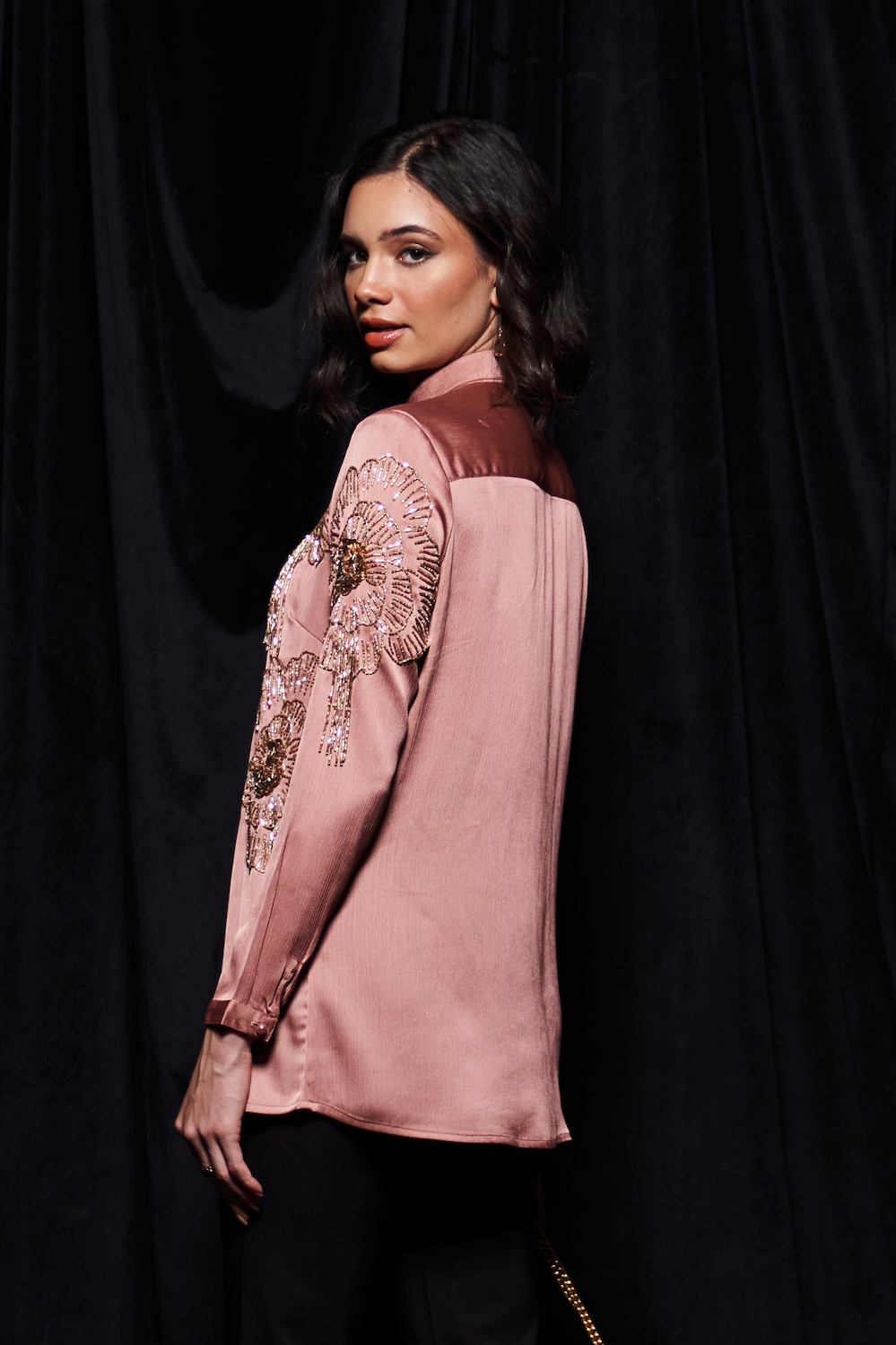 LEILA ROSE GOLD COLOR WAVE SATIN FABRIC FULL LENGTH SLEEVES COLLARED PARTY SHIRT WITH GLISTENING GLASS BEADS EMBROIDERY