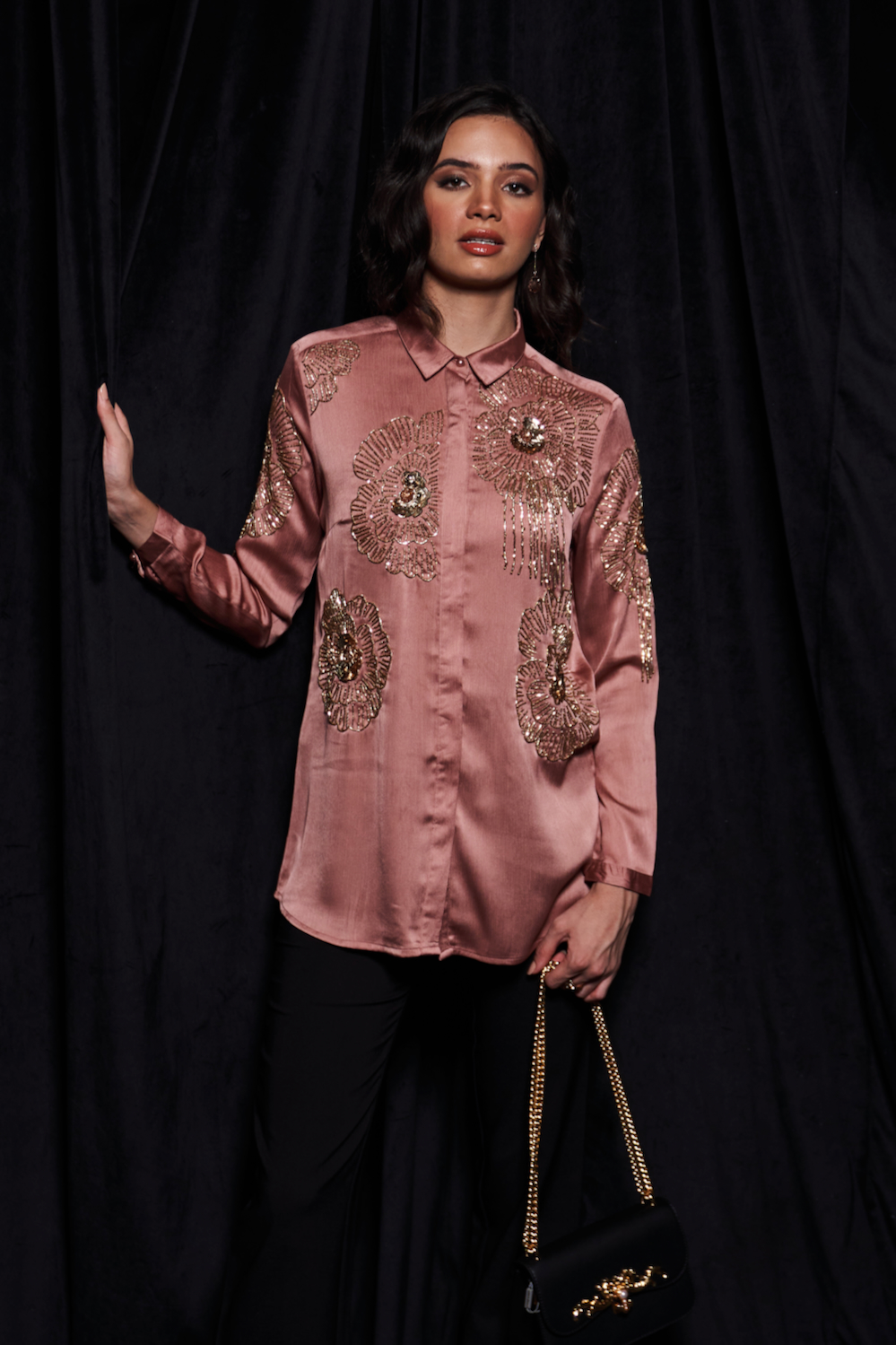 LEILA ROSE GOLD COLOR WAVE SATIN FABRIC FULL LENGTH SLEEVES COLLARED PARTY SHIRT WITH GLISTENING GLASS BEADS EMBROIDERY